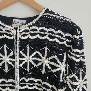 Vintage 100% silk hand beaded cardigan jacket white black sequins beads XL
